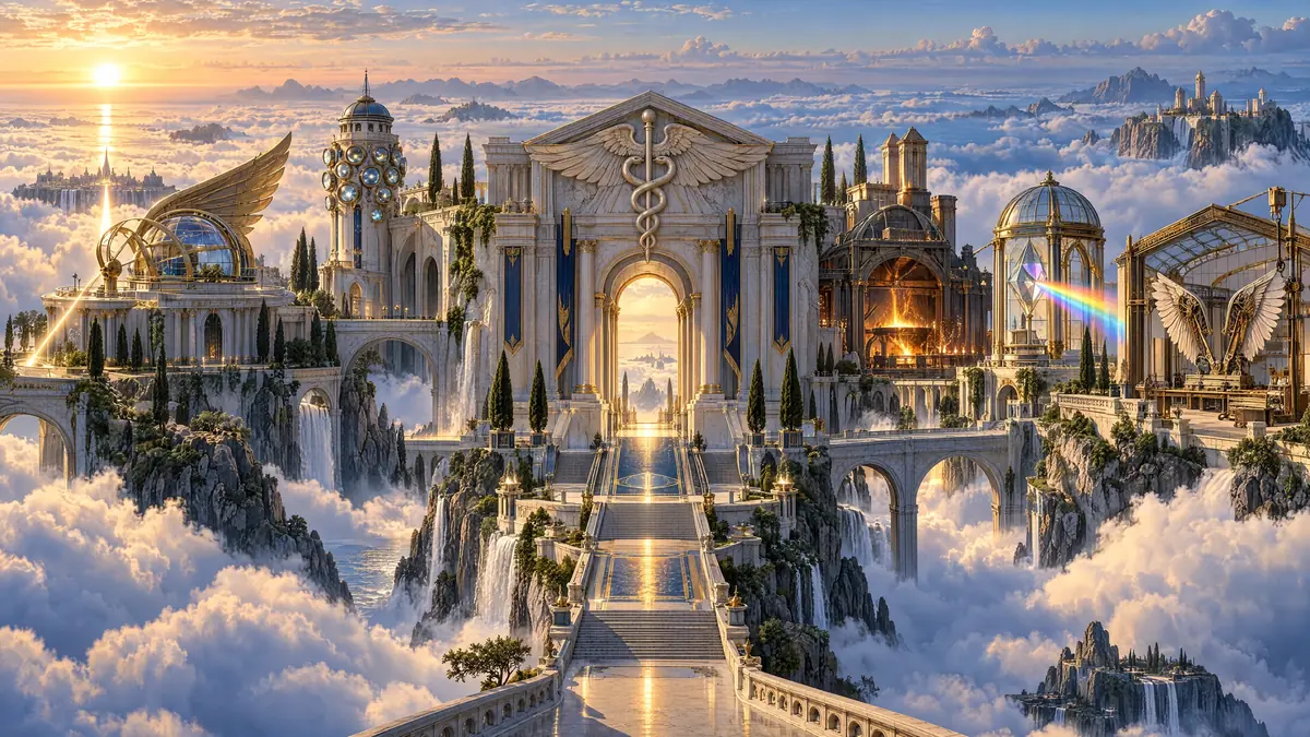 Paysage : cité céleste grecque avec temple au caducée, forge, arc-en-ciel et atelier d'ailes au-dessus des nuages