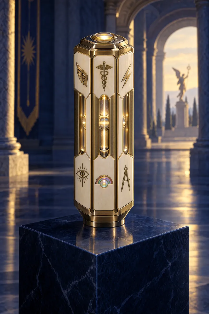 Portrait produit : artefact ivoire et doré gravé des six symboles de l'équipe, posé sur un socle de marbre bleu